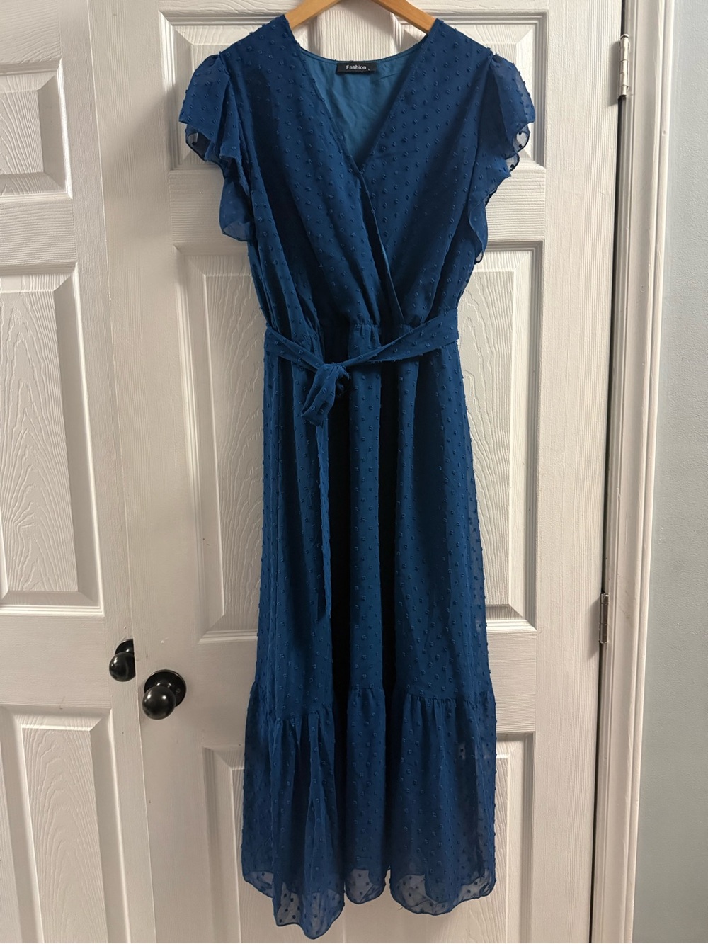 dark blue Swiss dot chiffon wrap midi dress